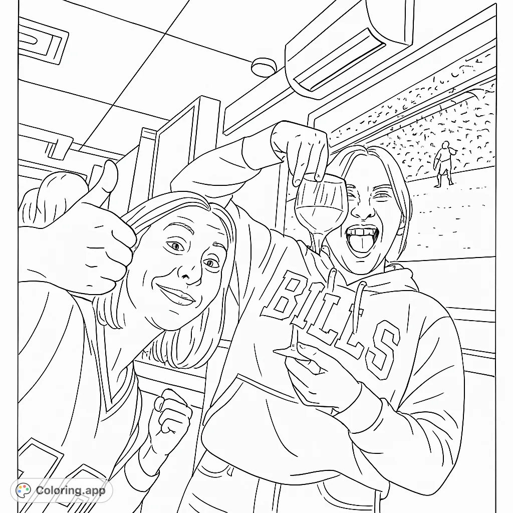 Capture the excitement of game day with friends! This free printable sports fan coloring page features two lively individuals in a bar setting, perfect for adults.