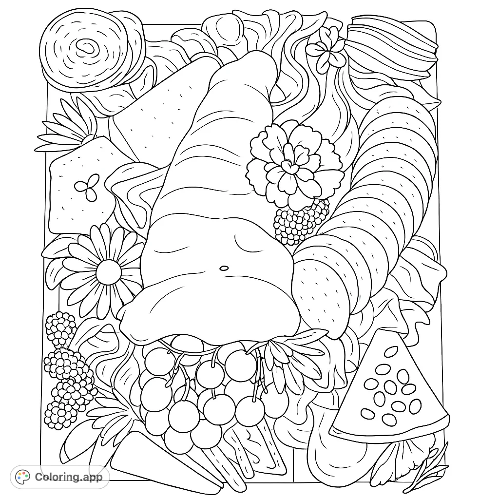 A delightful charcuterie board coloring page featuring an array of cheeses, meats, fruits, and bread, perfect for food enthusiasts.