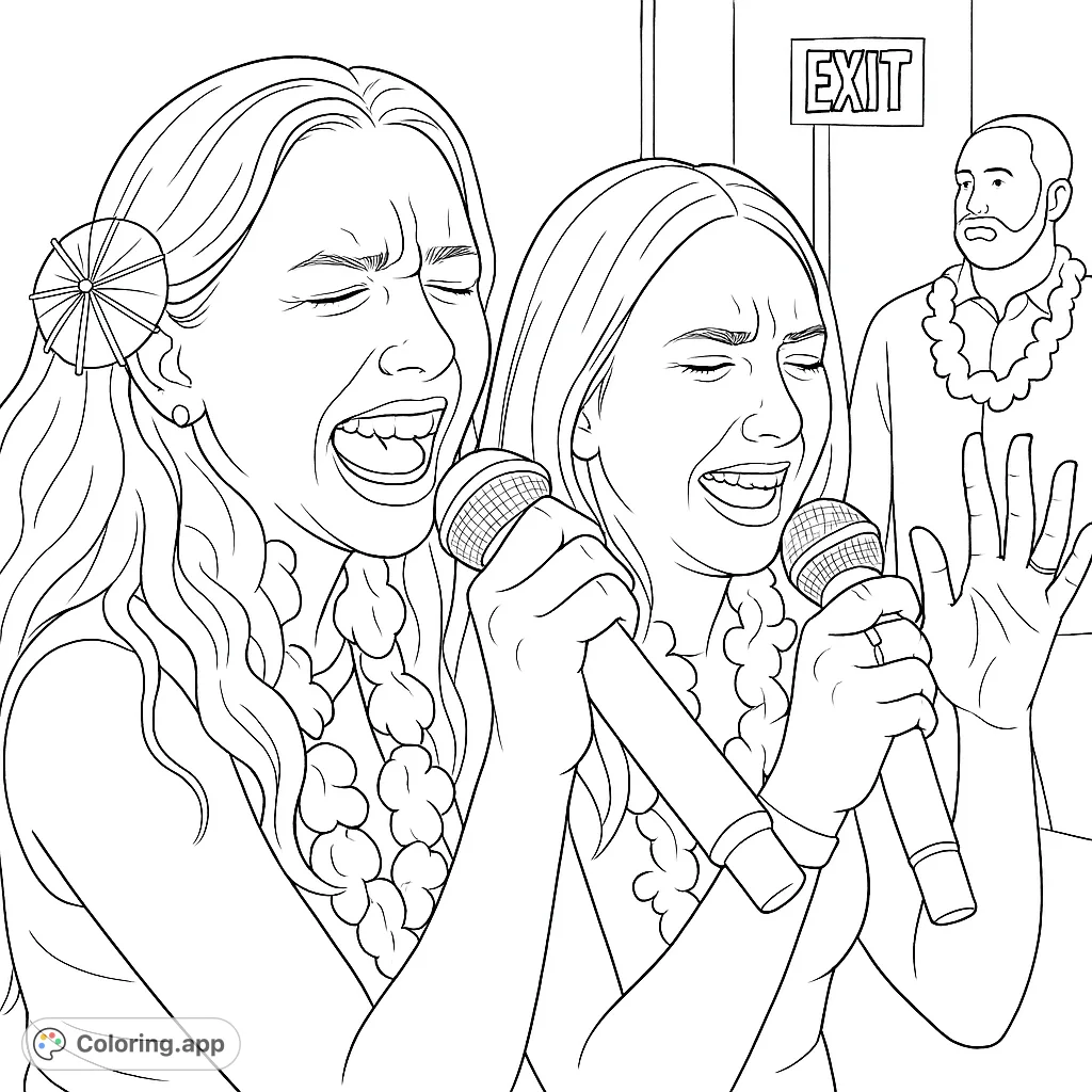 Capture the joy of a karaoke night with friends! This free printable karaoke coloring page features two people singing their hearts out in a lively setting.