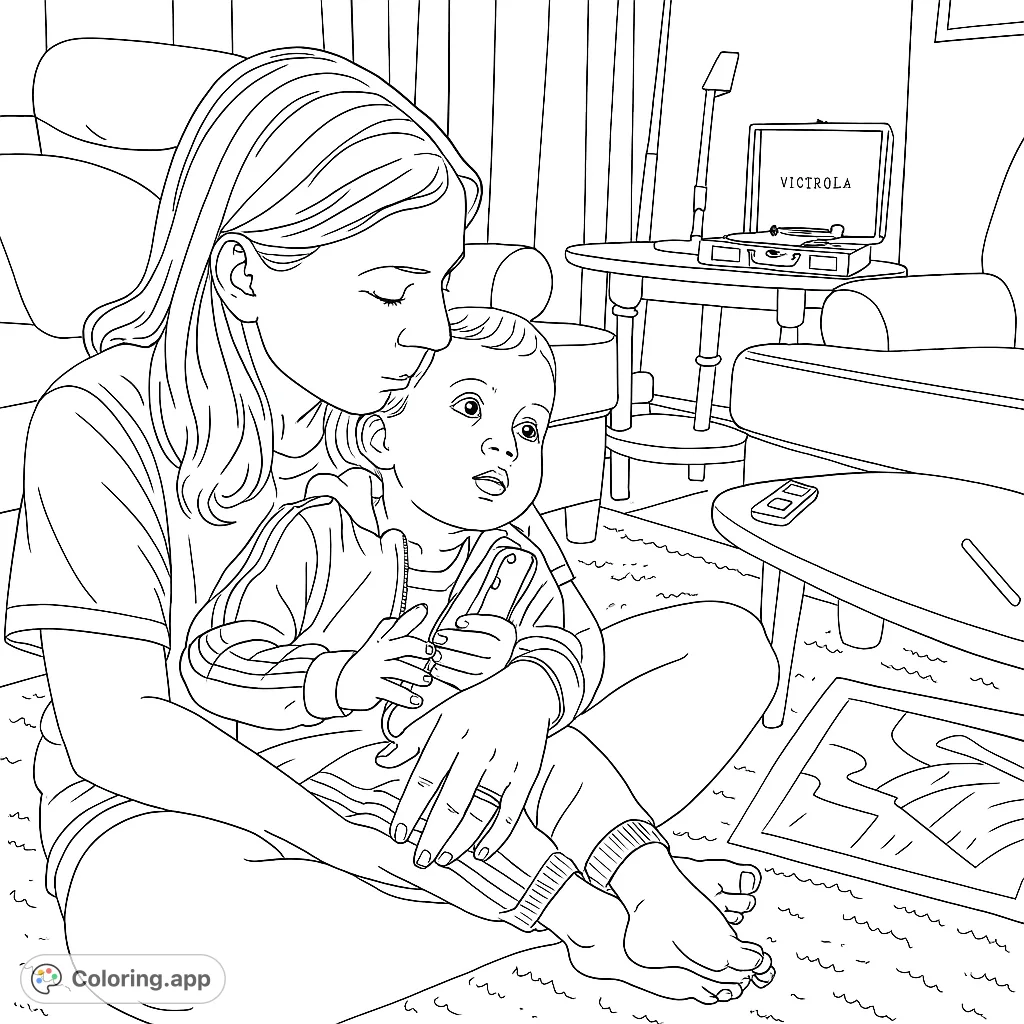 Capture a heartwarming moment with this family coloring page featuring a mother kissing her baby in a cozy living room. Perfect for all ages.