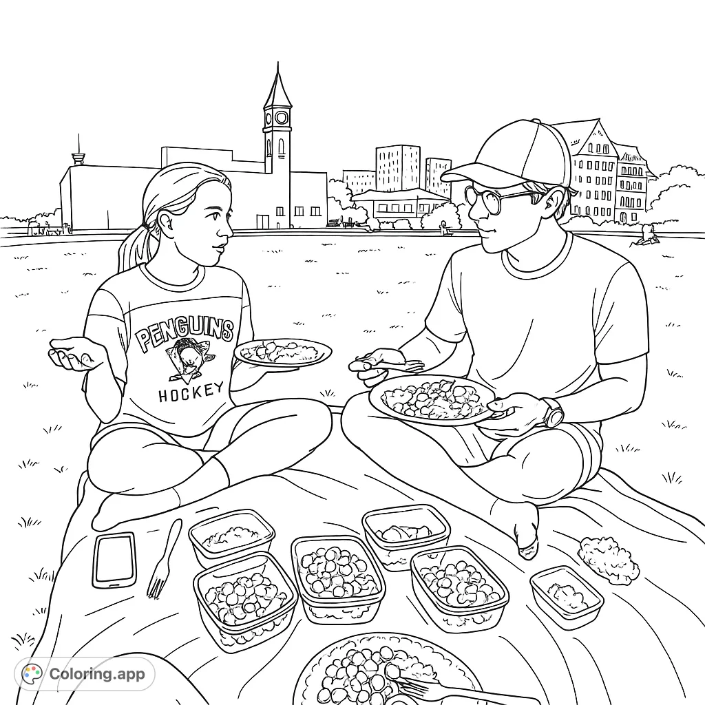 Two friends enjoy a relaxing picnic in a park with a city skyline backdrop. Perfect for a peaceful coloring experience.