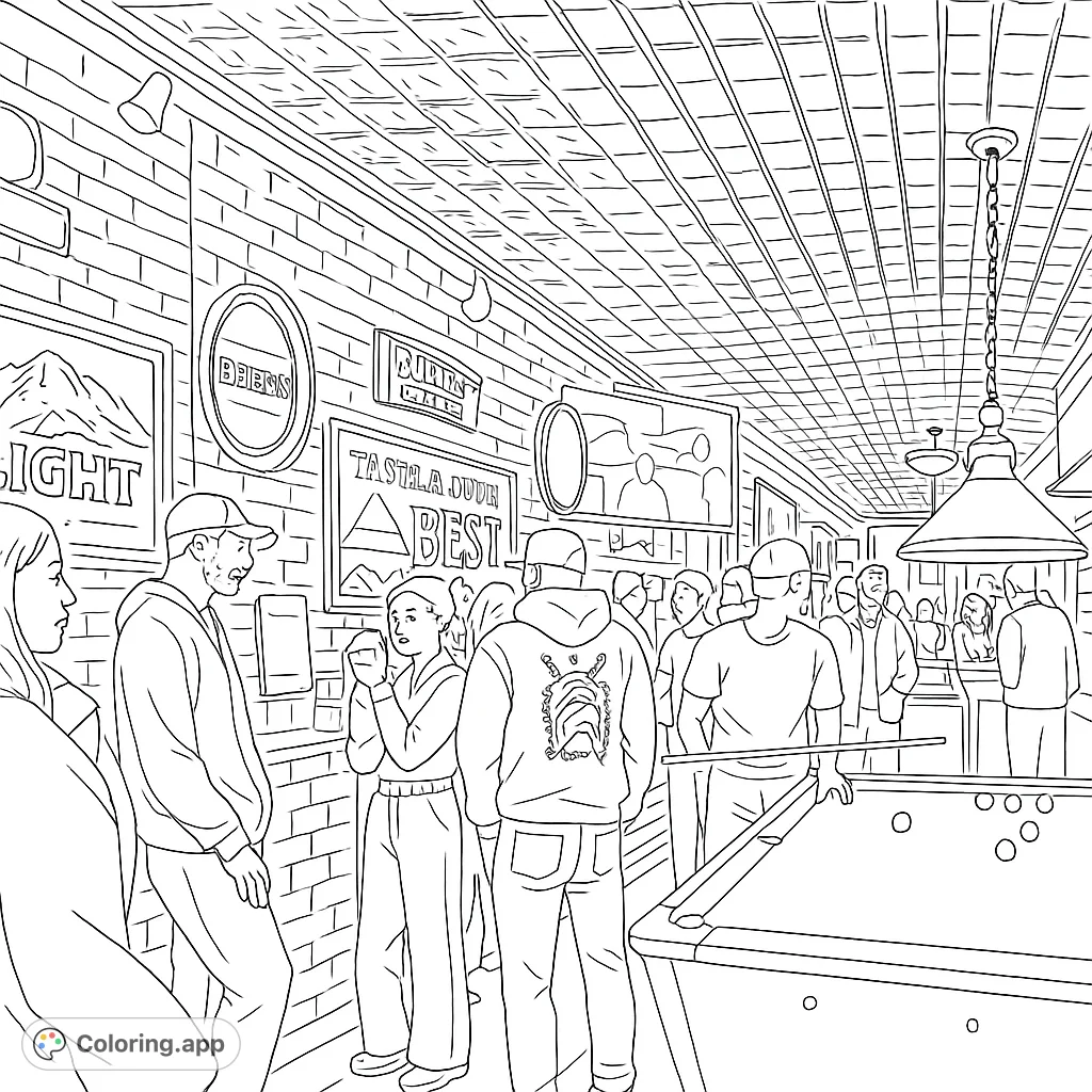 A lively pub scene featuring friends gathered around a pool table, enjoying a game. Detailed brick walls, patterned ceiling, and various signs add to the atmosphere.