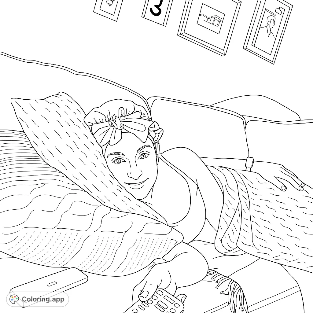A cozy scene featuring a person relaxing on a couch with pillows and a blanket, holding a device. Perfect for a calming coloring experience.