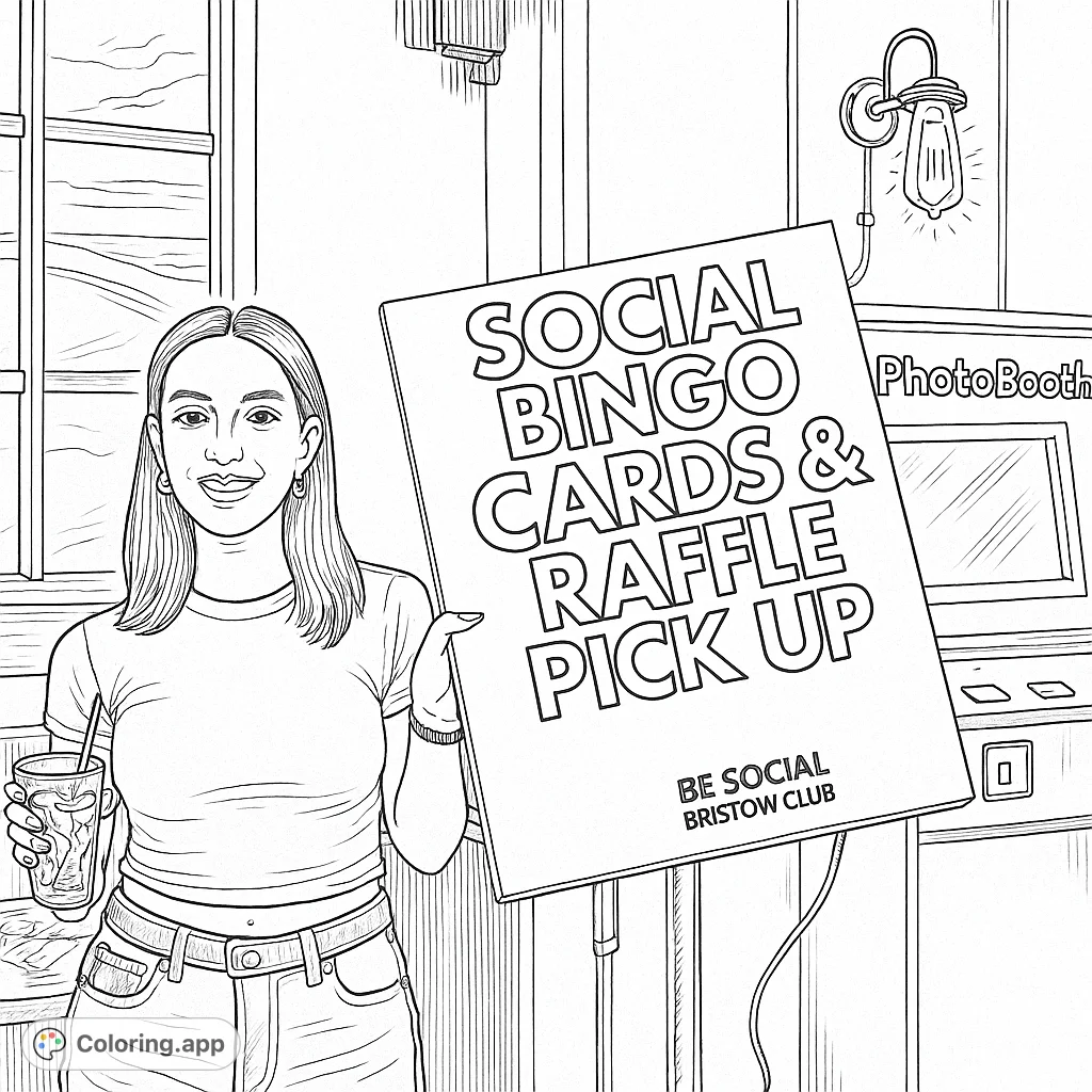 Step back in time with this vintage social event coloring page, featuring a friendly hostess and a retro bingo sign. Perfect for a nostalgic coloring experience!