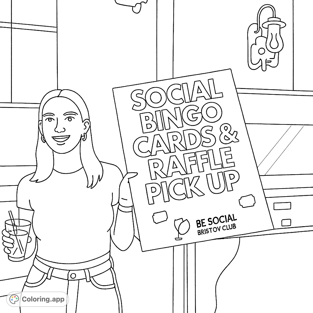 A friendly host presents a sign for a social bingo and raffle event. Perfect for a fun, simple coloring activity with a hand-drawn sketch appearance.