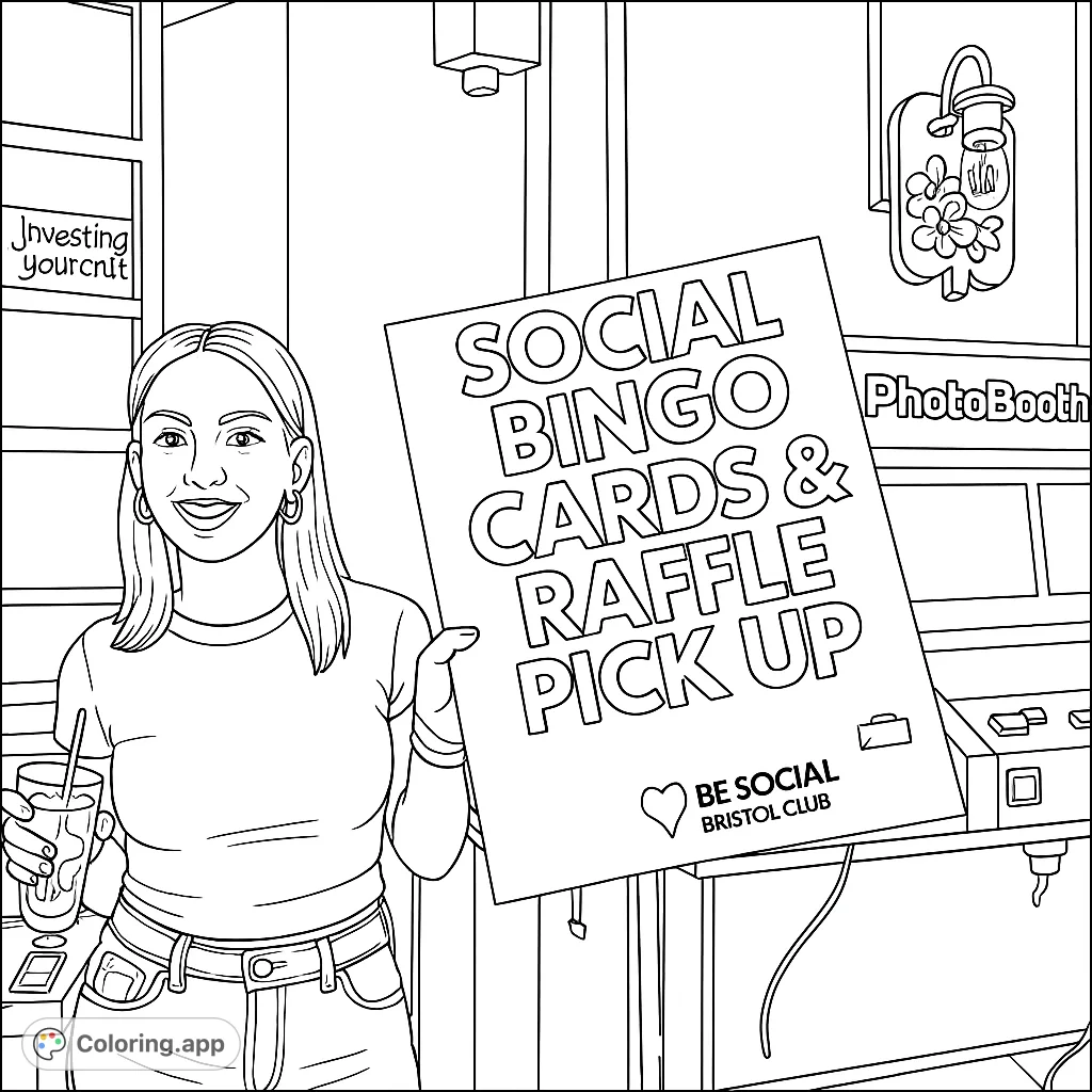 A lively social event scene featuring a smiling woman holding a "Social Bingo & Raffle" sign. Perfect for a fun, detailed coloring experience.
