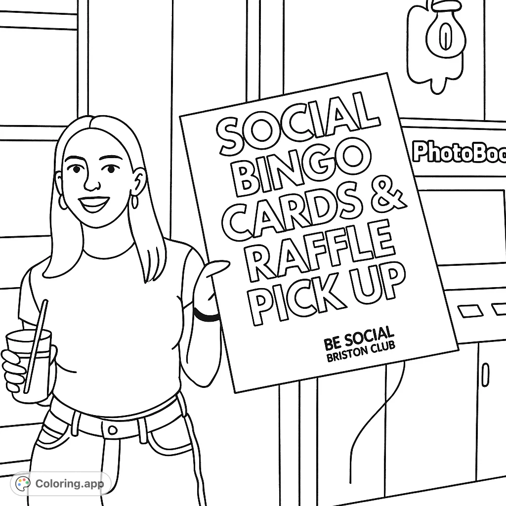 A smiling woman holds a sign for social bingo and raffle pickup in a lively club setting. Perfect for a fun, cartoony coloring page!