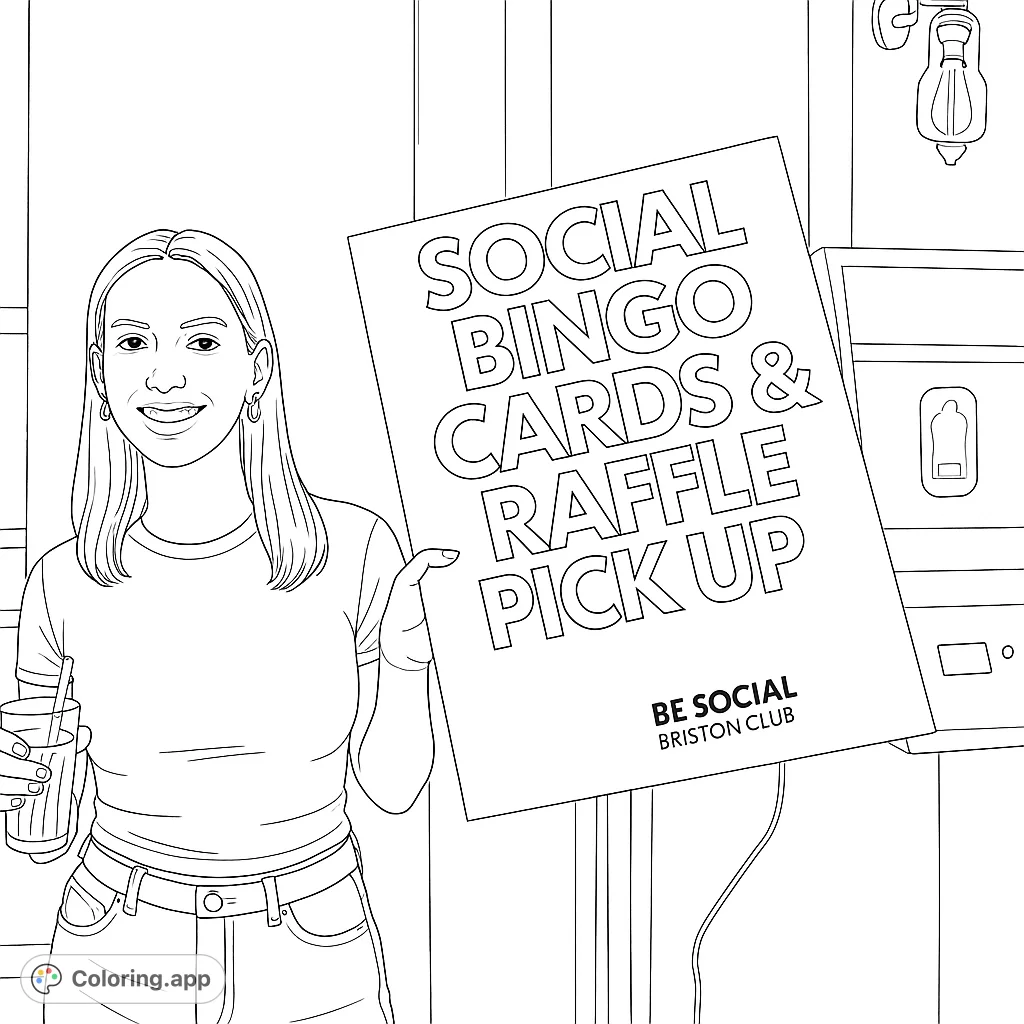 A smiling woman holds a large sign for a social bingo and raffle event in a lively club setting. Perfect for event planners and social enthusiasts.