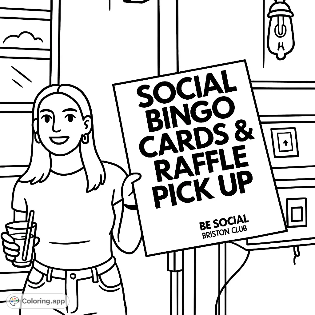 A smiling woman holds a sign for social bingo and raffle pickup in a lively club setting. Perfect for a fun, cartoony coloring page!