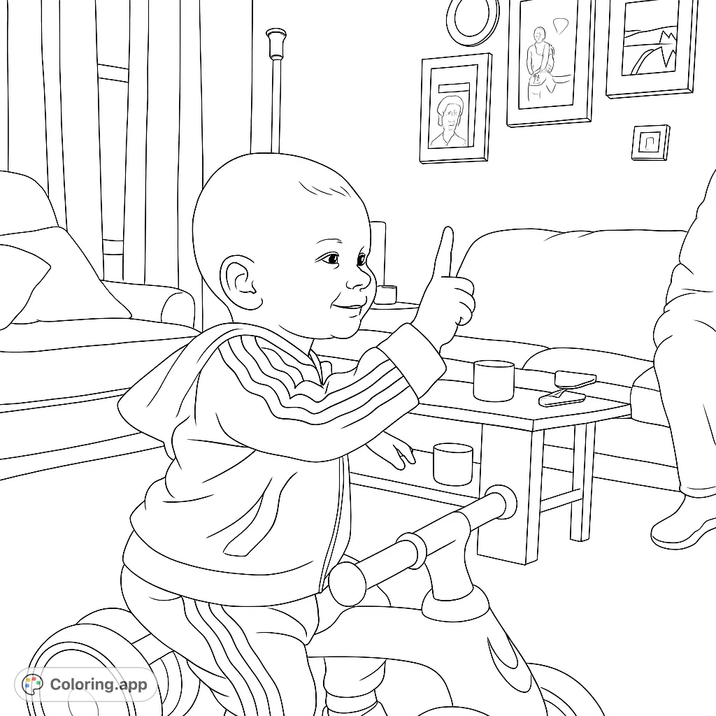 A delightful coloring page featuring a happy toddler riding a balance bike in a cozy living room. Perfect for young artists to explore creativity and fine motor skills.