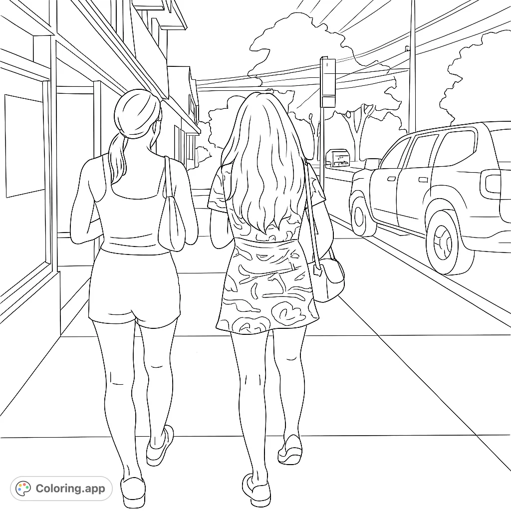 Capture the essence of an urban evening with two friends walking down a city street. This realistic coloring page offers a simple yet engaging scene for all ages.