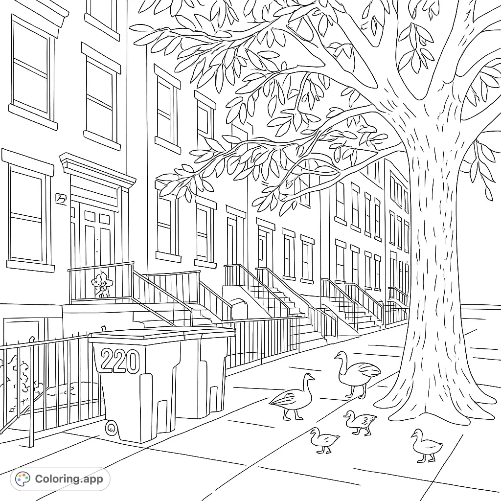 Color a charming scene of a goose family on a city sidewalk, featuring adult geese and their goslings, set against a backdrop of urban buildings and a large tree.