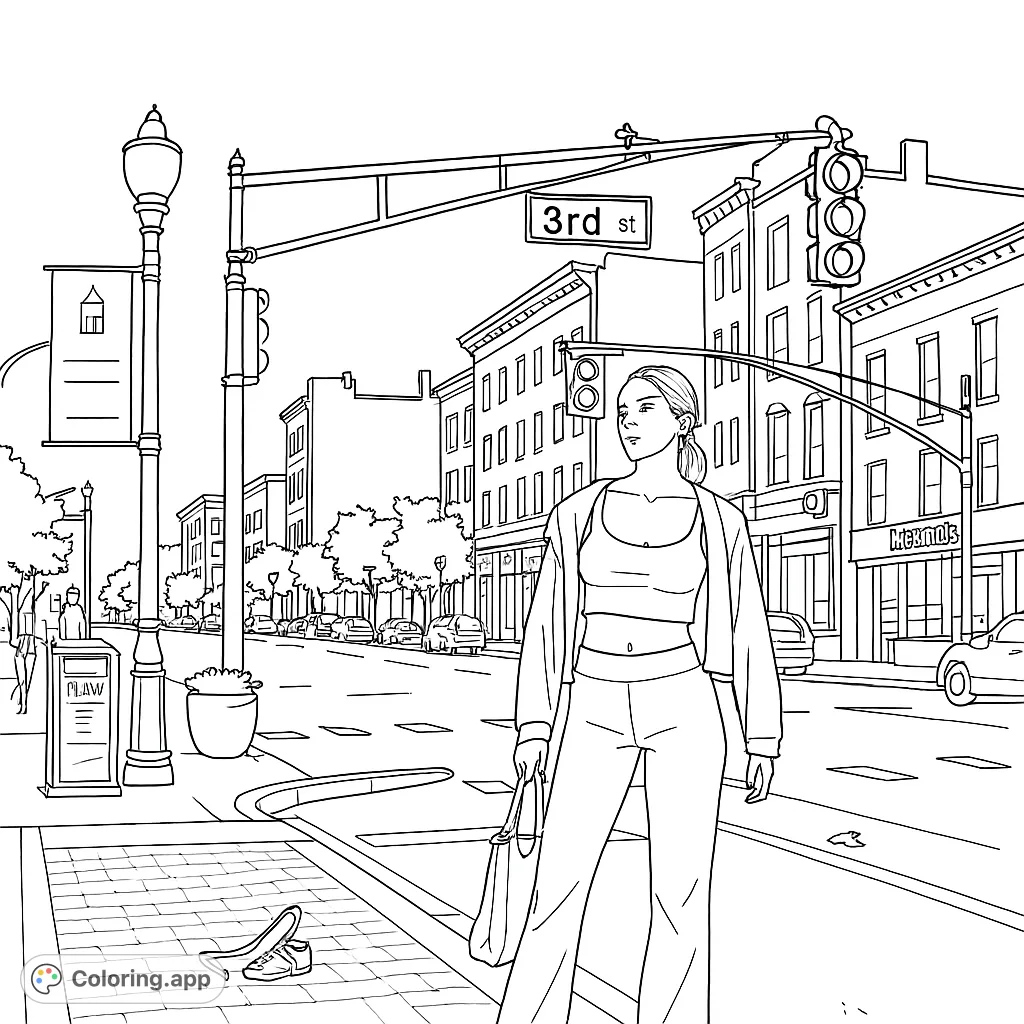 Color a modern urban night scene featuring a woman on a city street, surrounded by buildings, streetlights, and traffic. A free printable city coloring page.