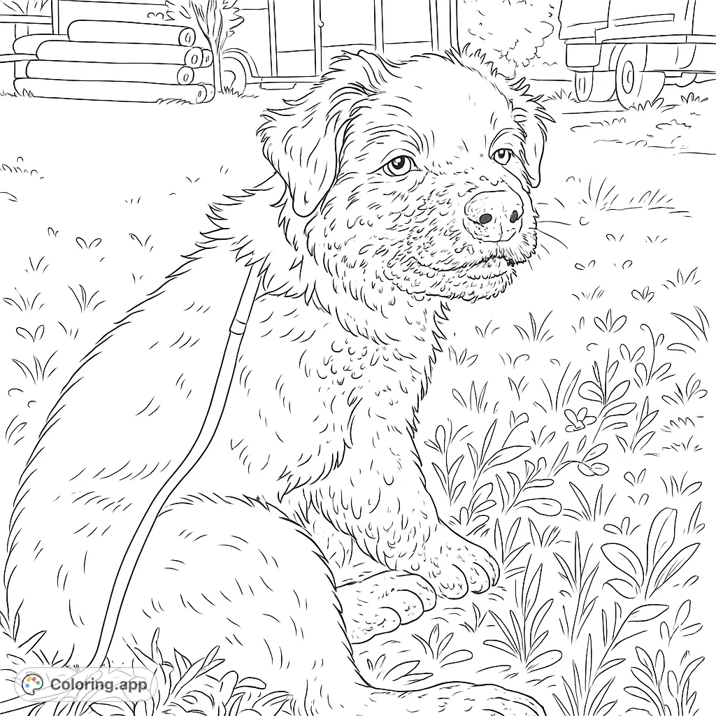 A playful puppy covered in mud sits in a grassy outdoor setting, ready for a fun coloring adventure. Perfect for animal lovers of all ages!