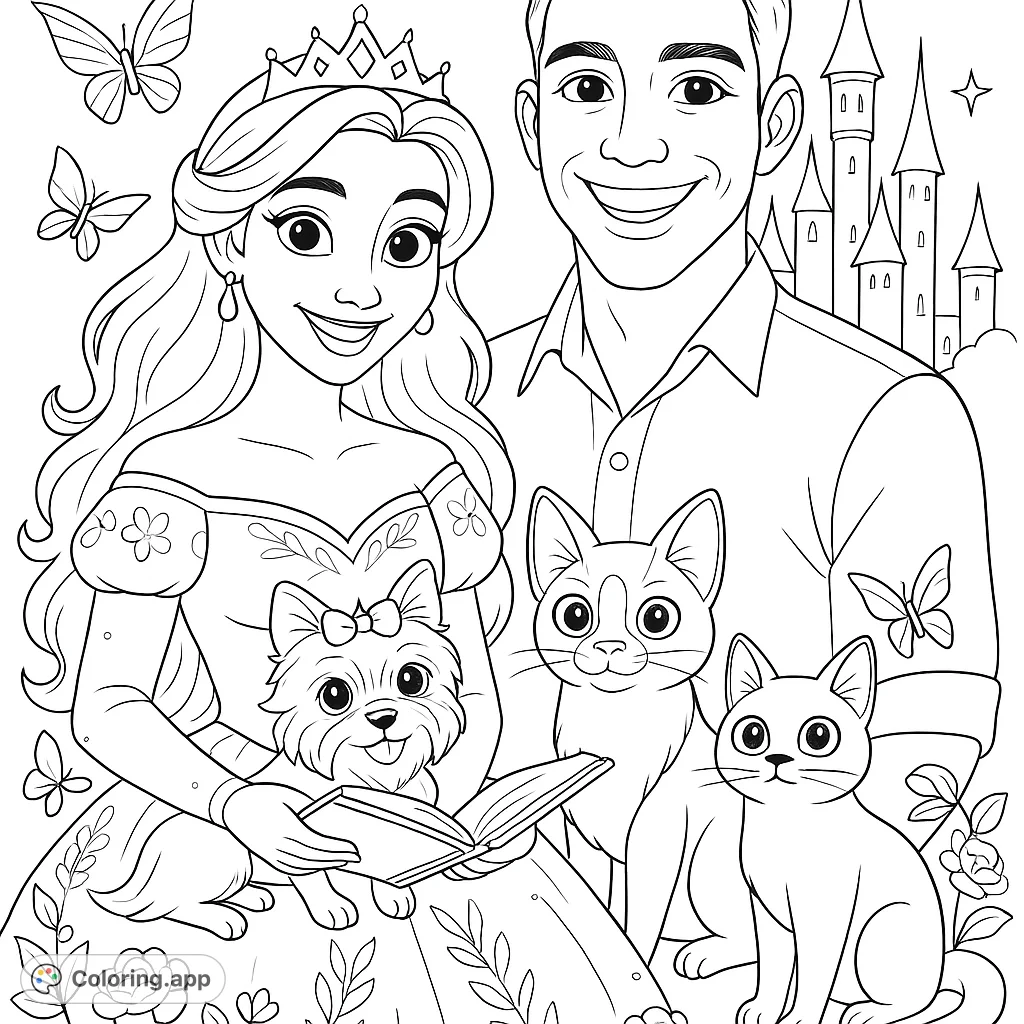 A charming fairytale scene featuring a royal couple, their beloved pets, and a majestic castle. Perfect for a magical coloring adventure.