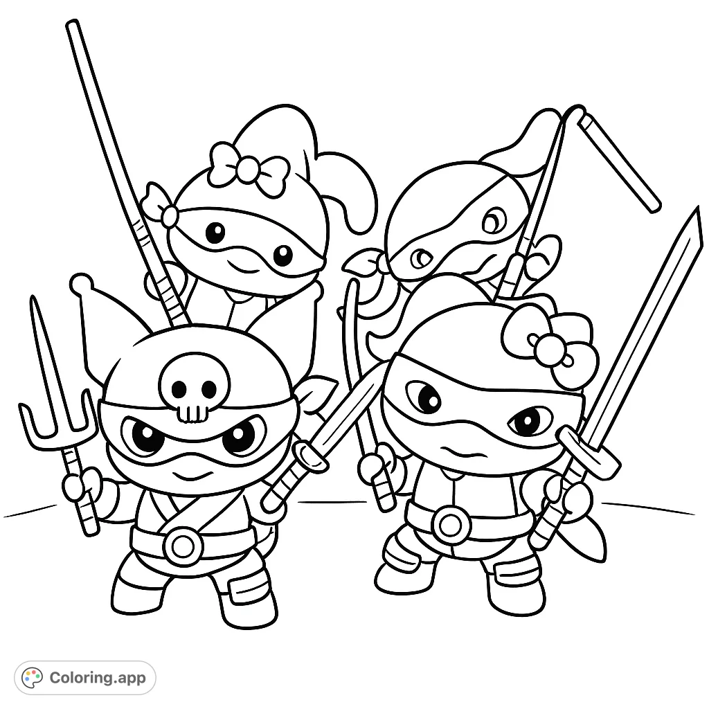 Join four adorable ninja-themed characters, each with unique weapons and masks, ready for action. A fun and engaging coloring page for all ages!