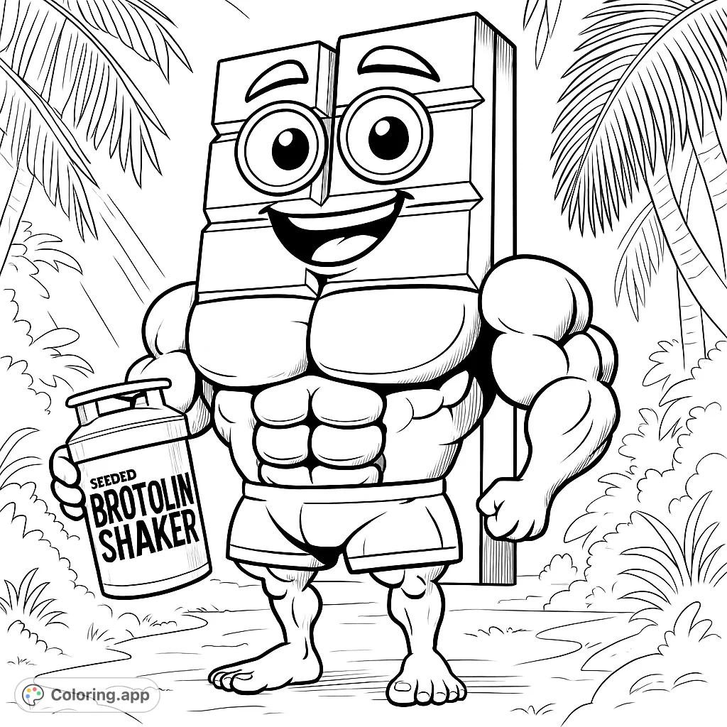 Flex your creativity with this fun muscular chocolate bar character coloring page! A cheerful, strong chocolate bar holds a shaker in a tropical setting.