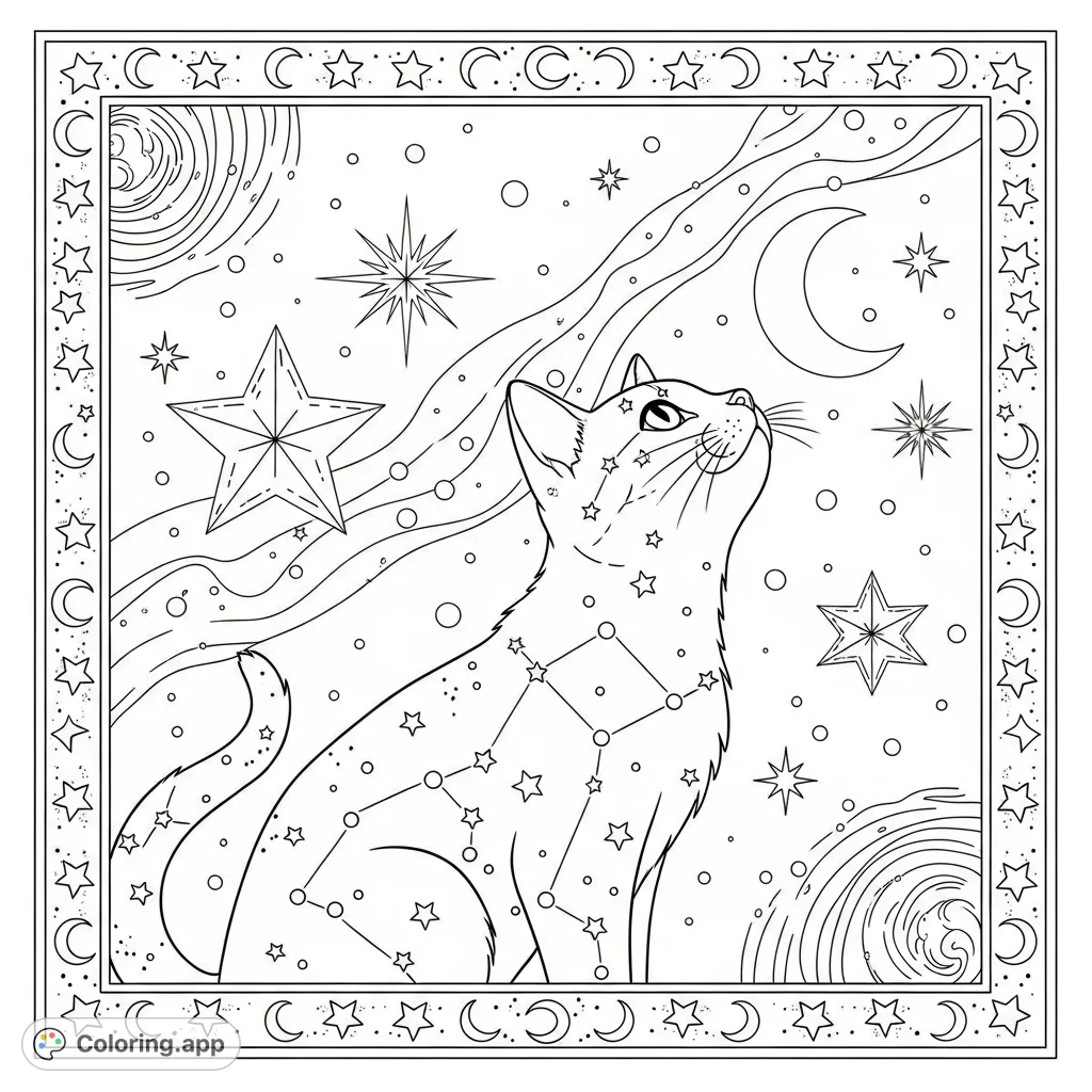 Unwind with this enchanting celestial cat coloring page, featuring a stylized feline amidst stars, moons, and vintage cosmic patterns. A magical journey awaits!
