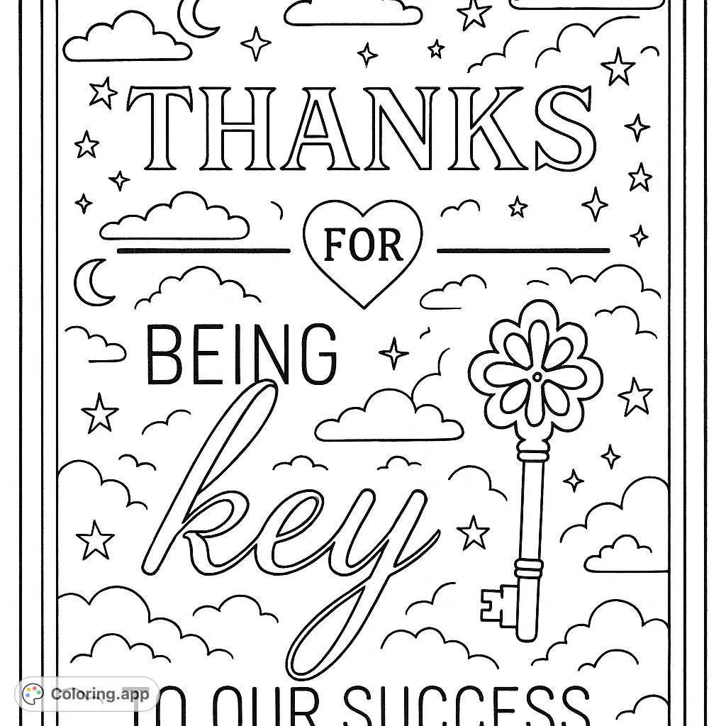 A vintage-inspired gratitude coloring page featuring a decorative key, heartfelt message, and celestial elements. Perfect for expressing appreciation.
