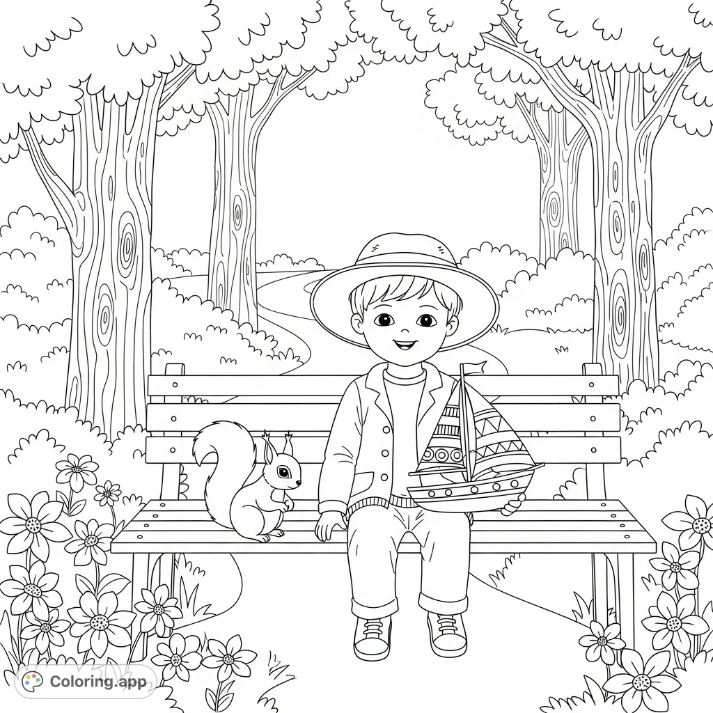 A delightful scene of a fully clothed child playing with a toy sailboat on a park bench, observed by a friendly squirrel amidst trees and flowers.