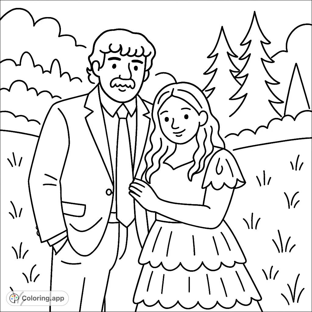 Celebrate love with this charming couple's outdoor portrait coloring page. Perfect for all ages, featuring a happy pair in a scenic field.