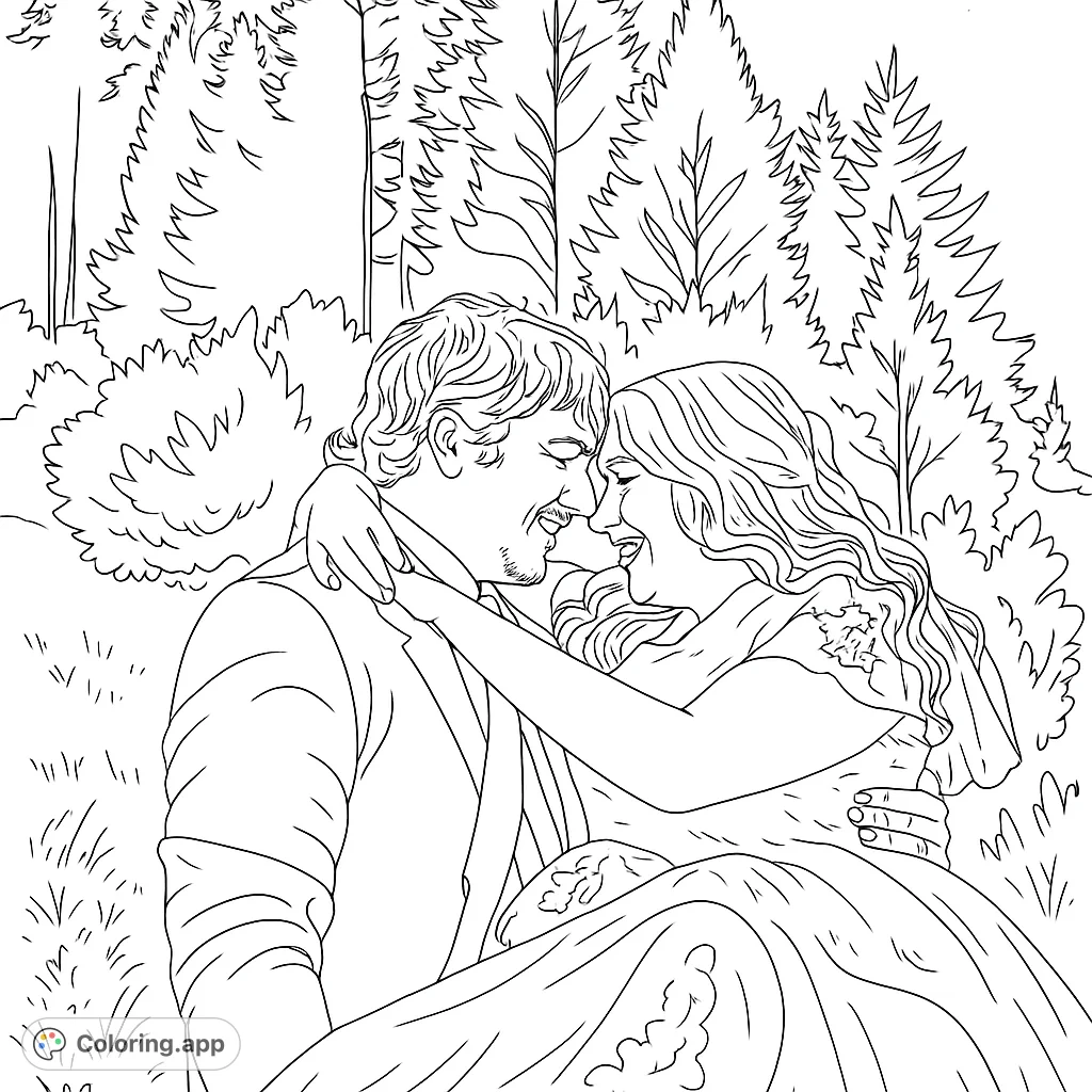 Capture a tender wedding moment with this romantic coloring page. Features a couple in a loving embrace amidst a natural, serene landscape.