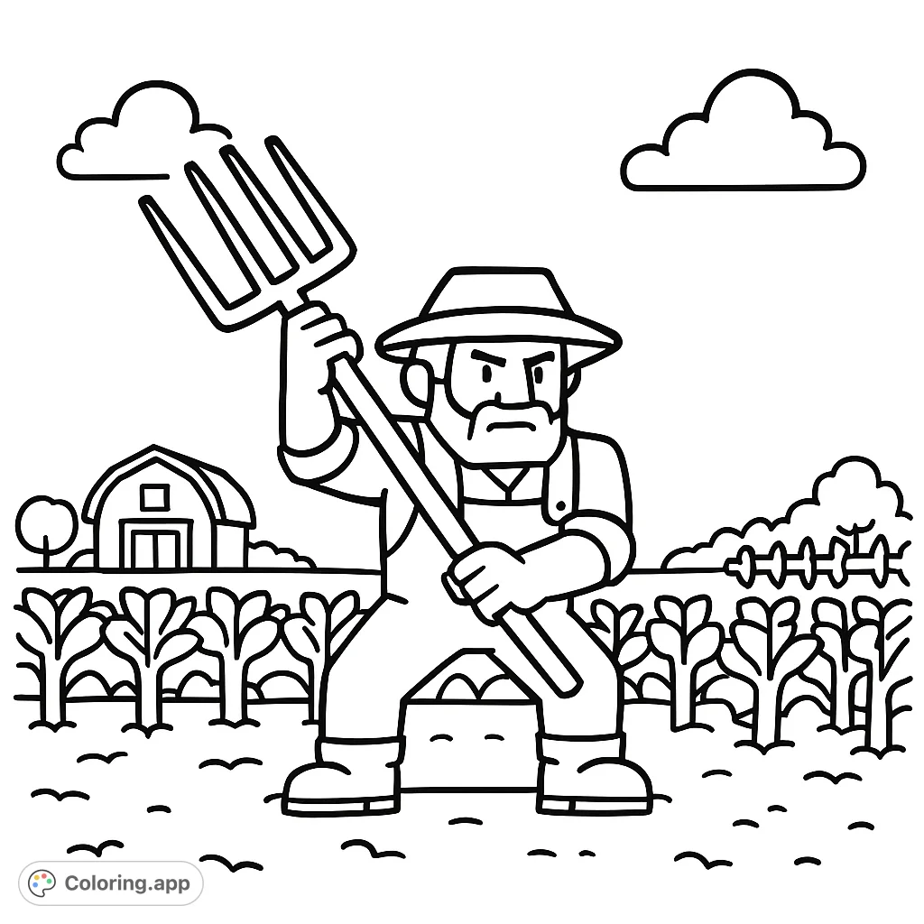 A cartoony farmer stands proudly with a pitchfork in a vibrant farm scene, surrounded by fields and a barn. A fun, free printable farm coloring page.