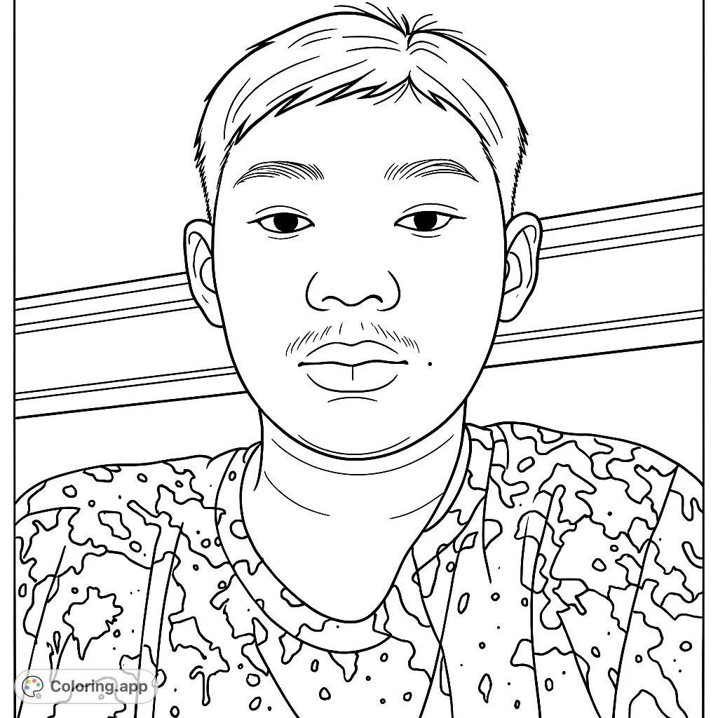 Color a person wearing a unique splatter pattern shirt, featuring abstract shapes and a detailed face. A fun and expressive design for all ages.
