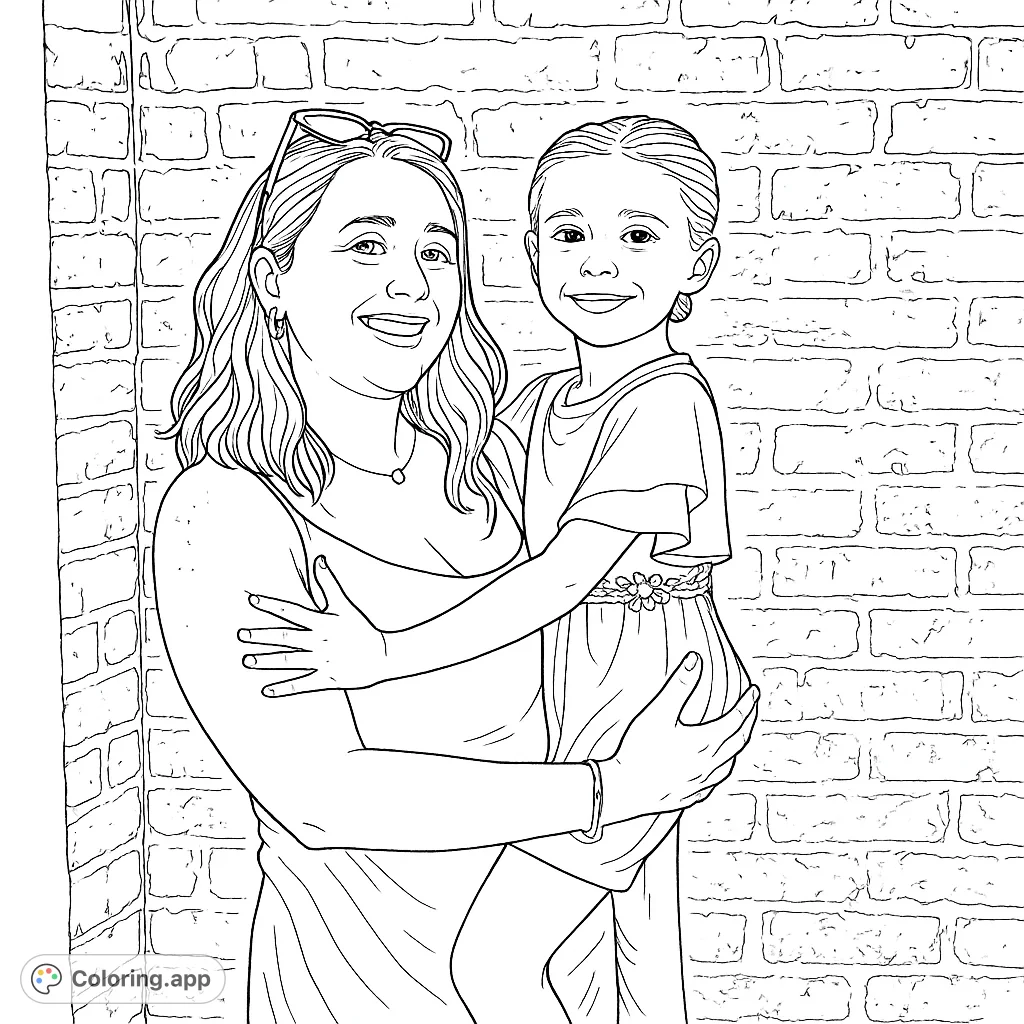 Capture a heartwarming moment of a woman holding a smiling child against a textured brick wall. A delightful family coloring page for all ages.