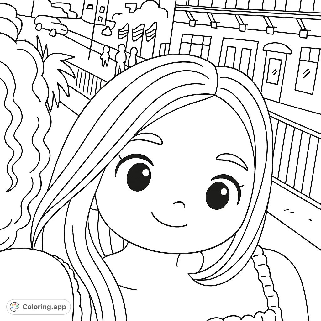 A charming chibi girl smiles in an outdoor setting, perfect for a simple and delightful chibi girl coloring page. Easy to color for all ages.