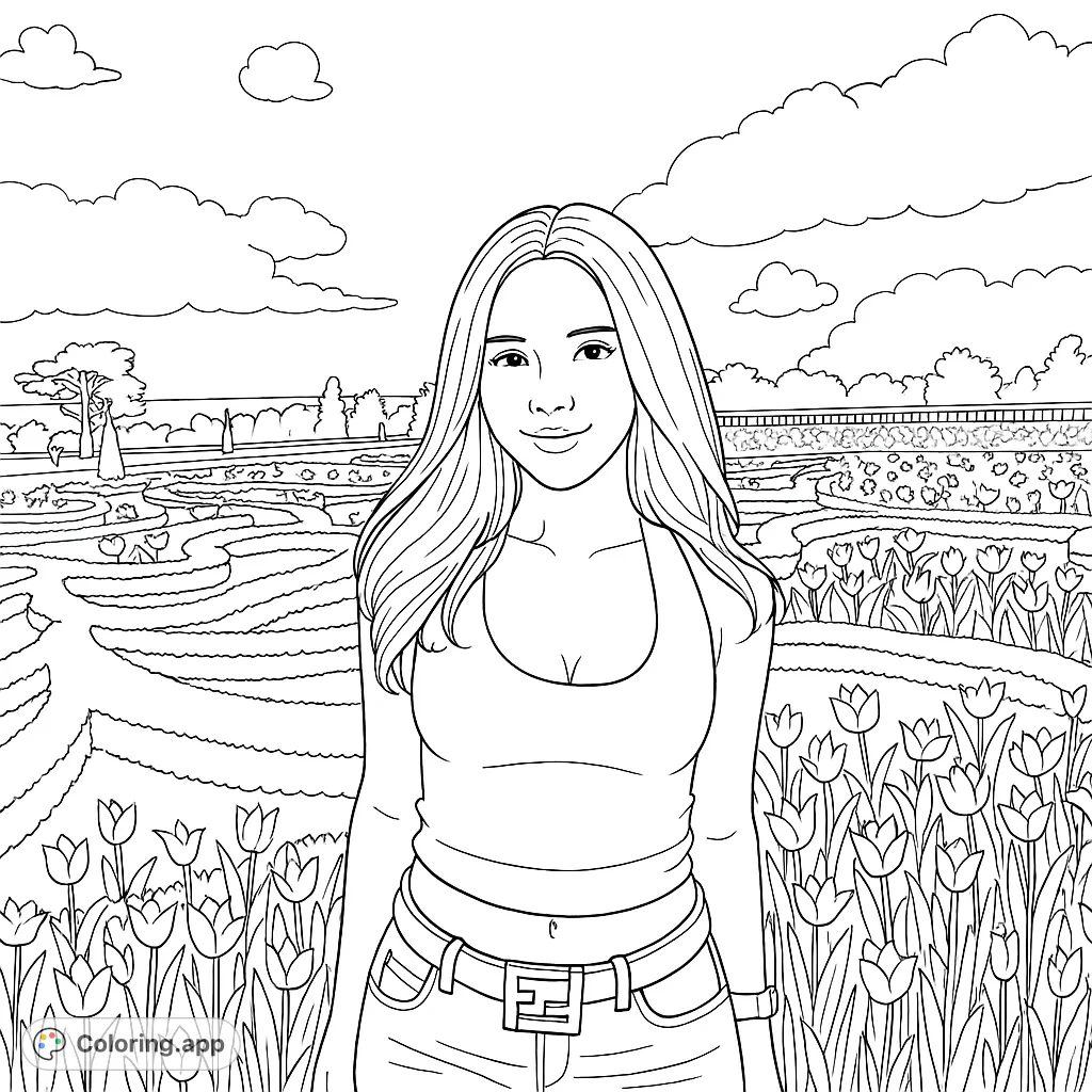 A captivating woman stands amidst a sprawling formal garden, surrounded by intricate hedges and a vibrant array of blooming flowers under a bright sky.