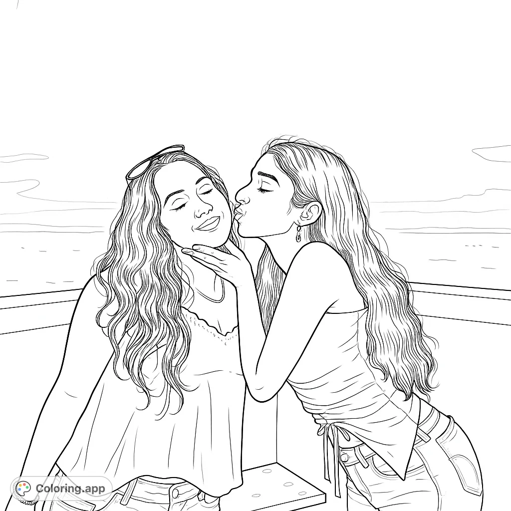 Capture a tender moment between two friends on a night out. This affectionate scene offers a heartwarming coloring experience, celebrating connection and warmth.