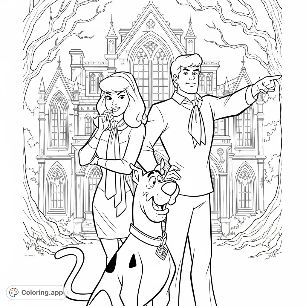 Join Daphne, Fred, and Scooby Doo on a thrilling mystery adventure! This free printable Scooby Doo coloring page features the iconic trio ready to solve a new case.