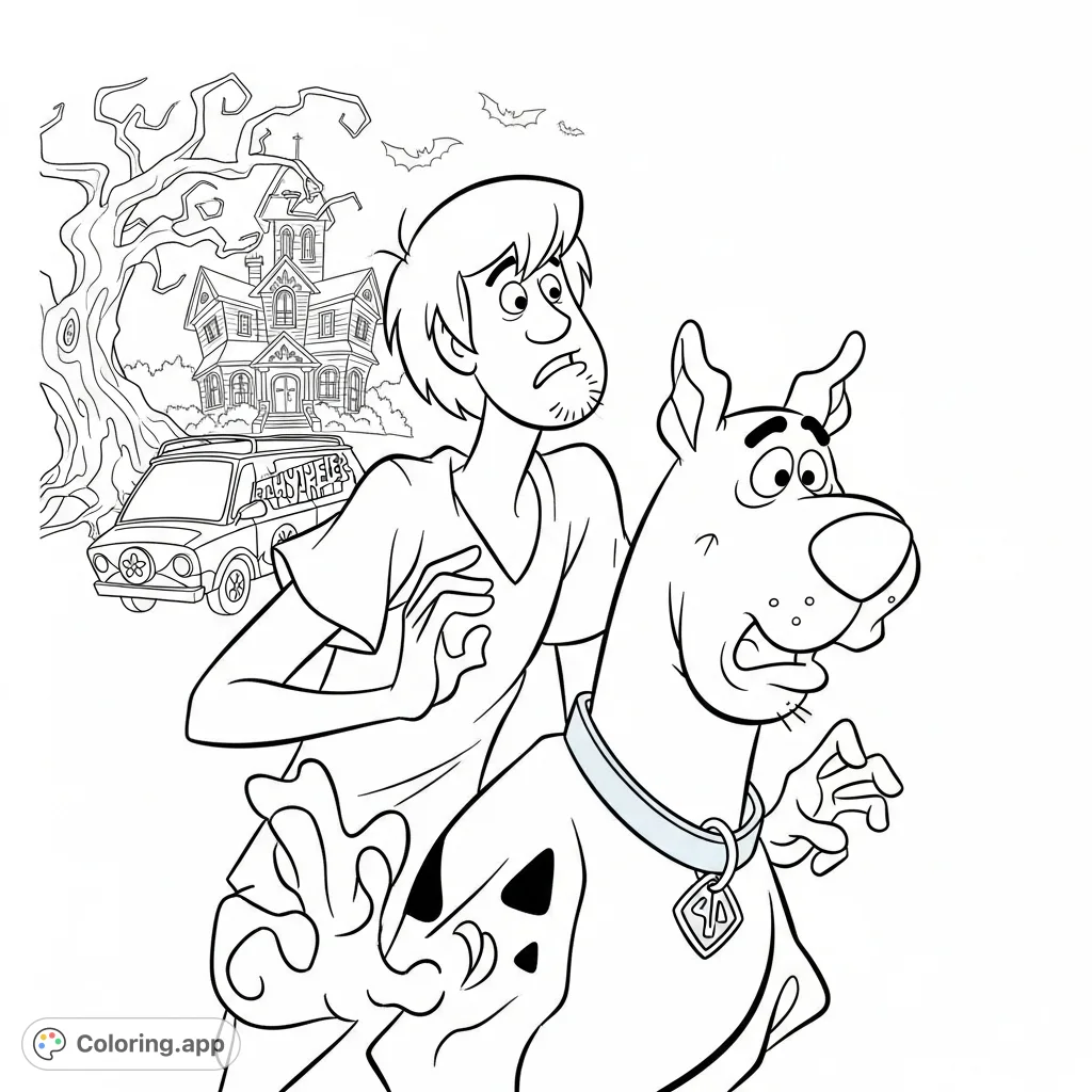 Join Scooby Doo and Shaggy on a thrilling mystery adventure! This fun coloring page features the iconic duo, the Mystery Machine, and spooky elements.