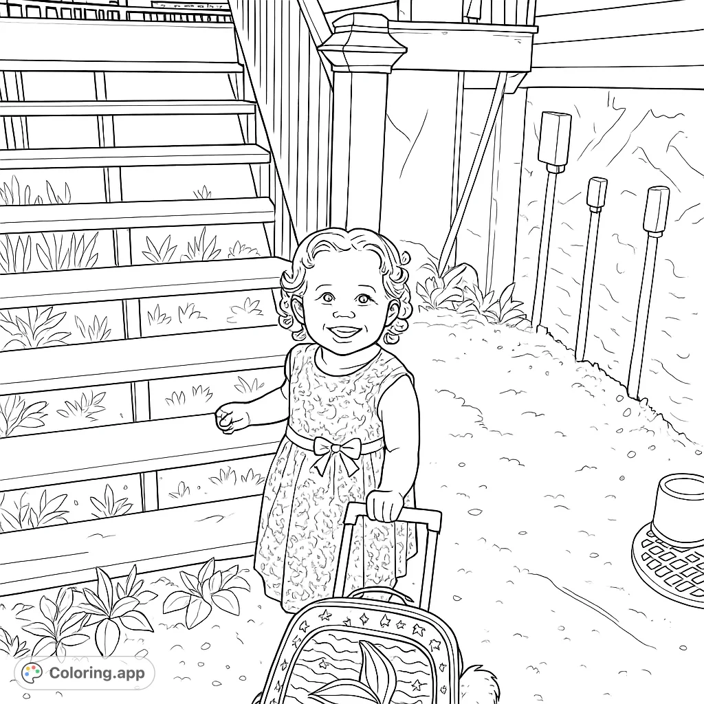 A joyful child with a mermaid backpack stands by wooden stairs, ready for adventure. This charming coloring page captures a moment of youthful excitement.
