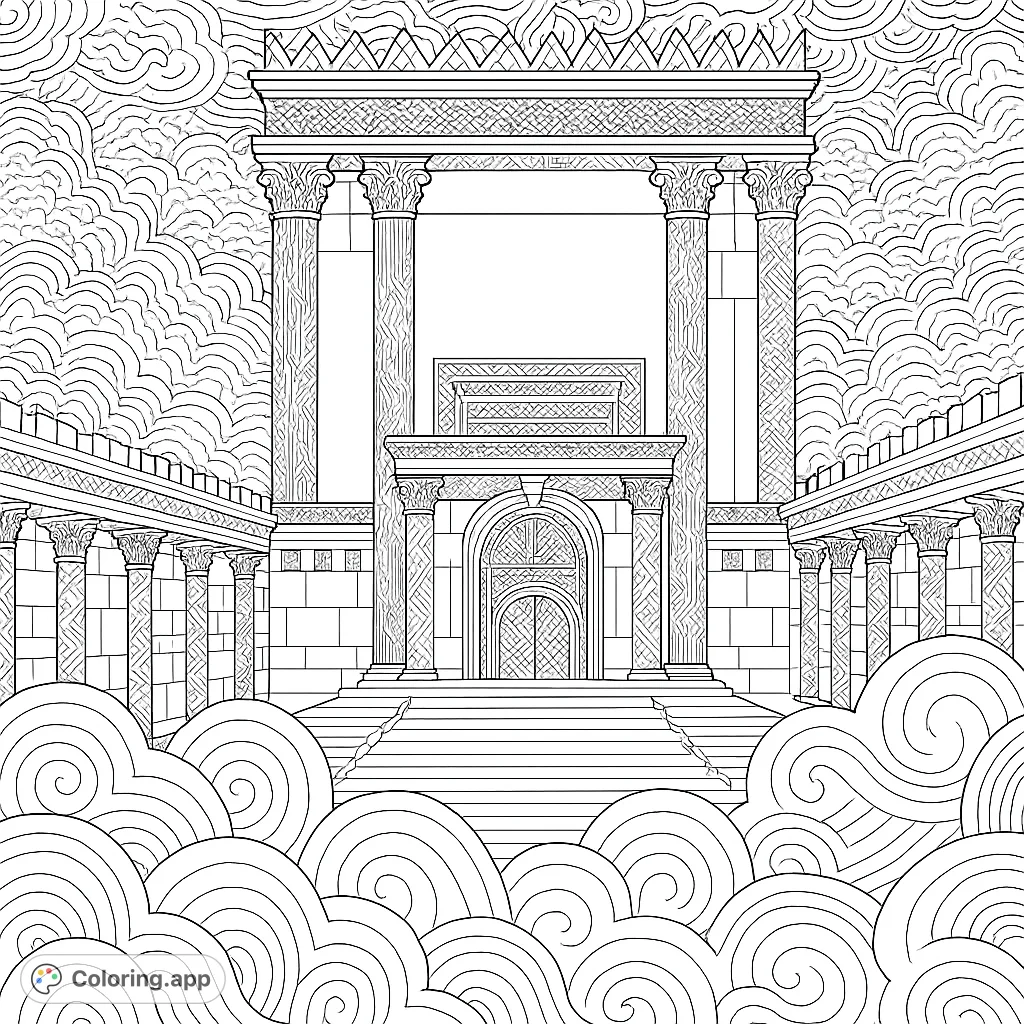 Immerse yourself in an intricate temple architecture coloring page. Explore detailed columns, grand arches, and majestic structures for a rewarding creative escape.