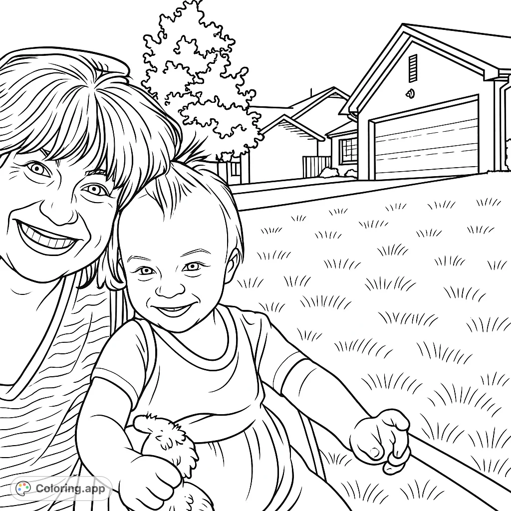Capture a heartwarming moment with this adult and child coloring page. Features two smiling faces, a grassy slope, and houses in the background.