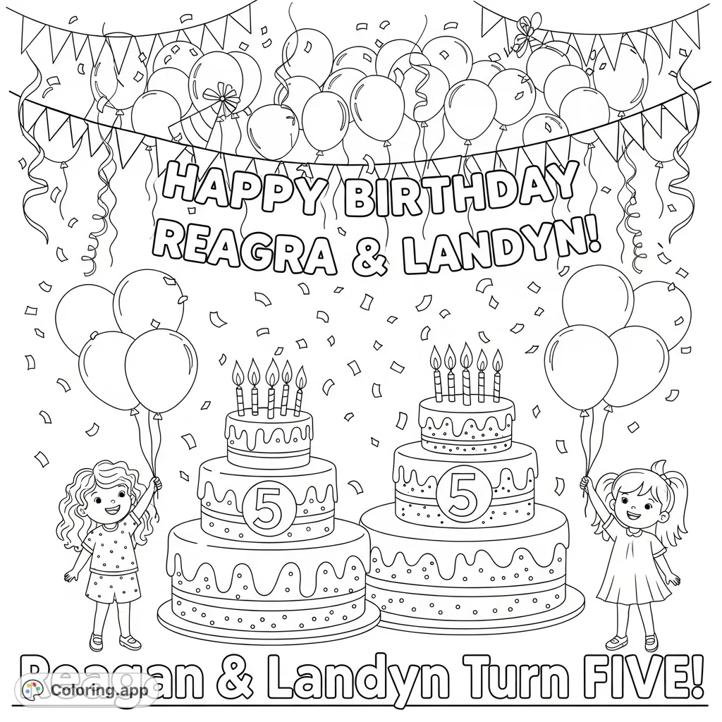 Celebrate a special fifth birthday with this festive coloring page featuring two cakes, smiling girls, balloons, streamers, and confetti for a joyful scene.