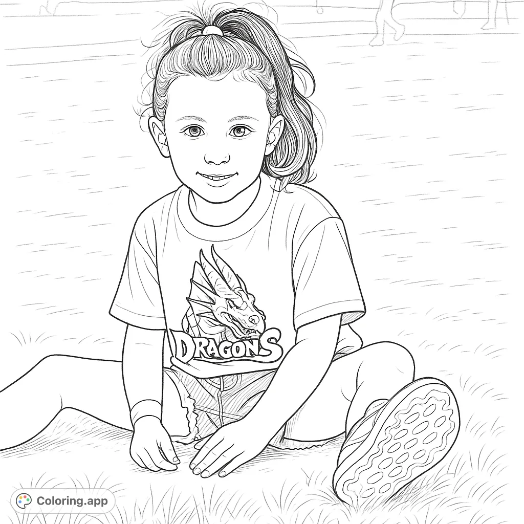 A charming dragon coloring page featuring a young girl sitting on a baseball field, perfect for sports fans and fantasy enthusiasts.