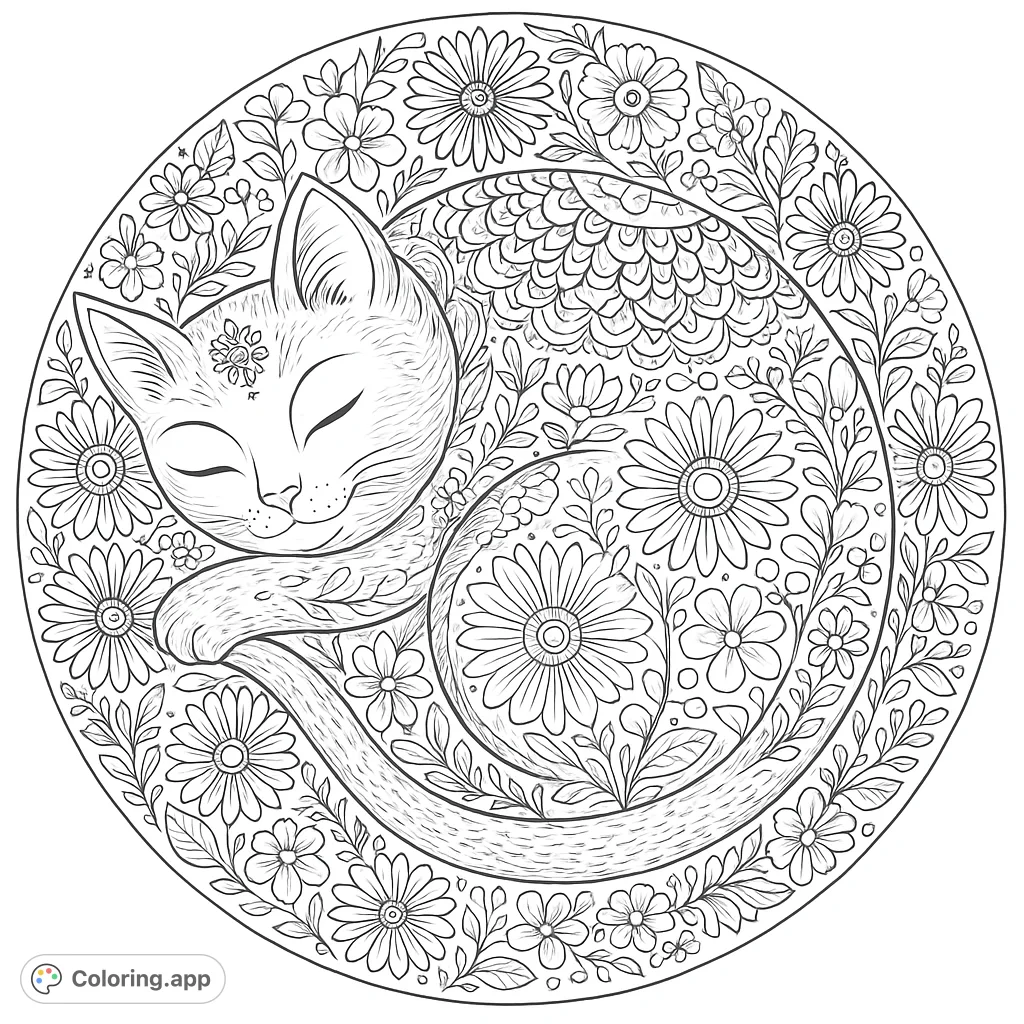 A whimsical floral cat coloring page, perfect for detailed coloring. Features a sleeping feline surrounded by intricate botanical patterns in a circular design.