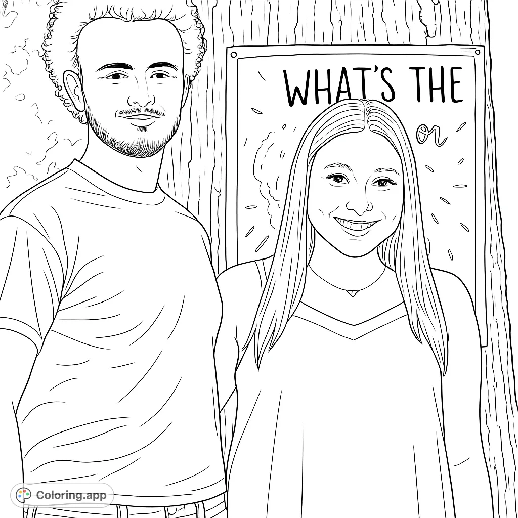 A cheerful couple stands together outdoors, ready for a celebration. Features a man with curly hair and a woman with long hair, against a tree and banner.