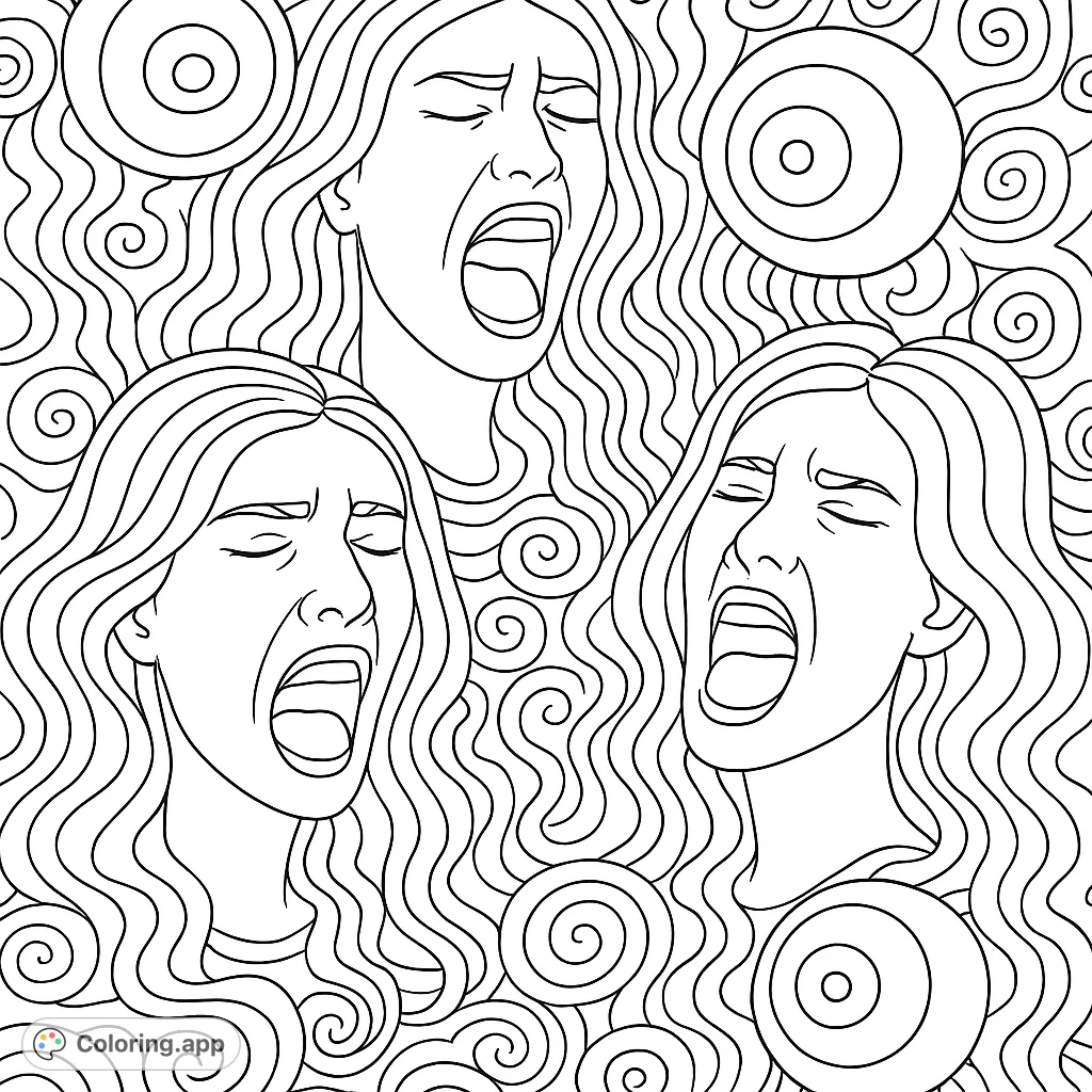 Explore a dynamic coloring page featuring three expressive faces with open mouths, surrounded by intricate swirling patterns and circular elements. A captivating design for creative expression.