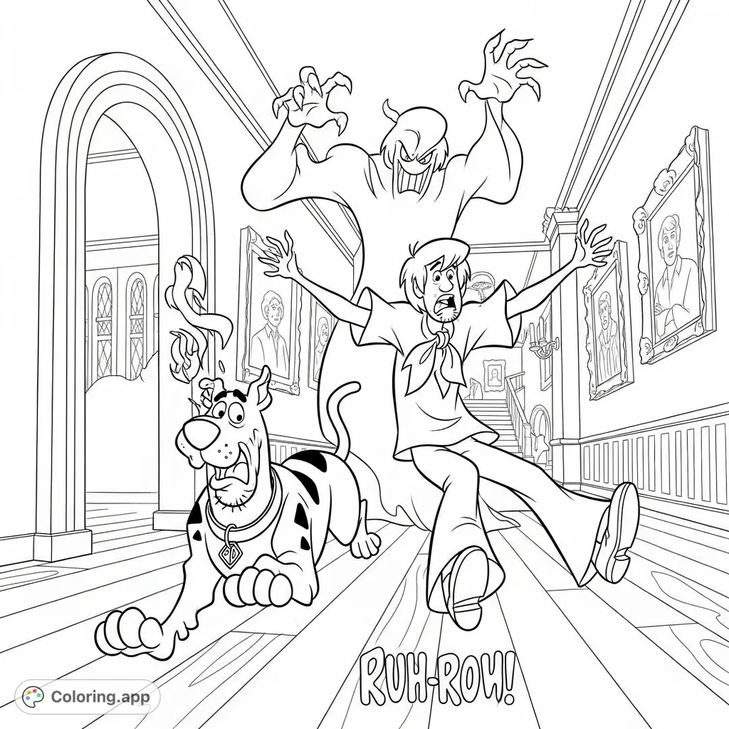 Join Scooby-Doo and Shaggy in a classic haunted mansion chase! This free printable coloring page captures their iconic, comical escape from a spooky monster.
