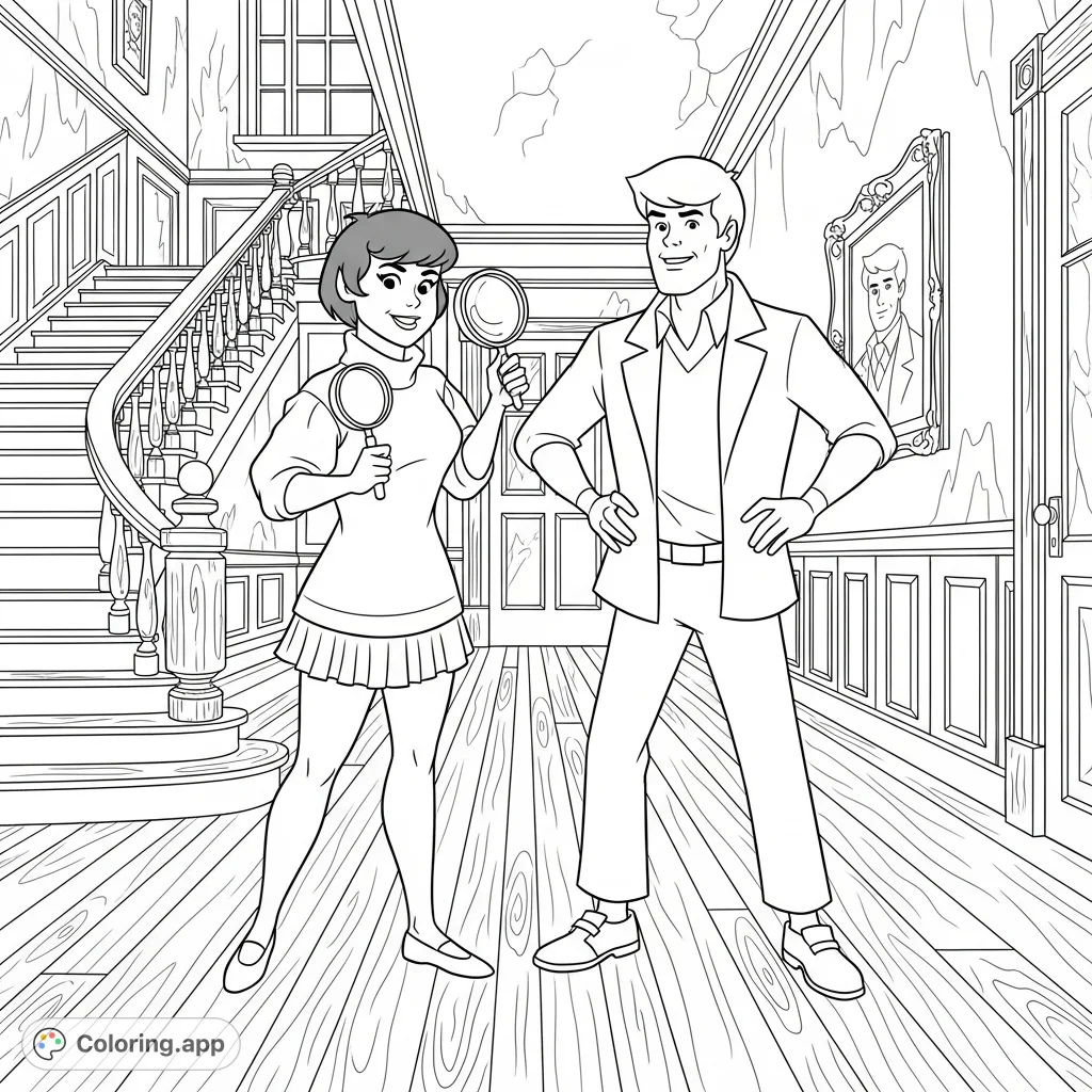 Join Velma and Fred from Scooby-Doo on a thrilling mystery adventure! A free printable coloring page for fans of all ages.