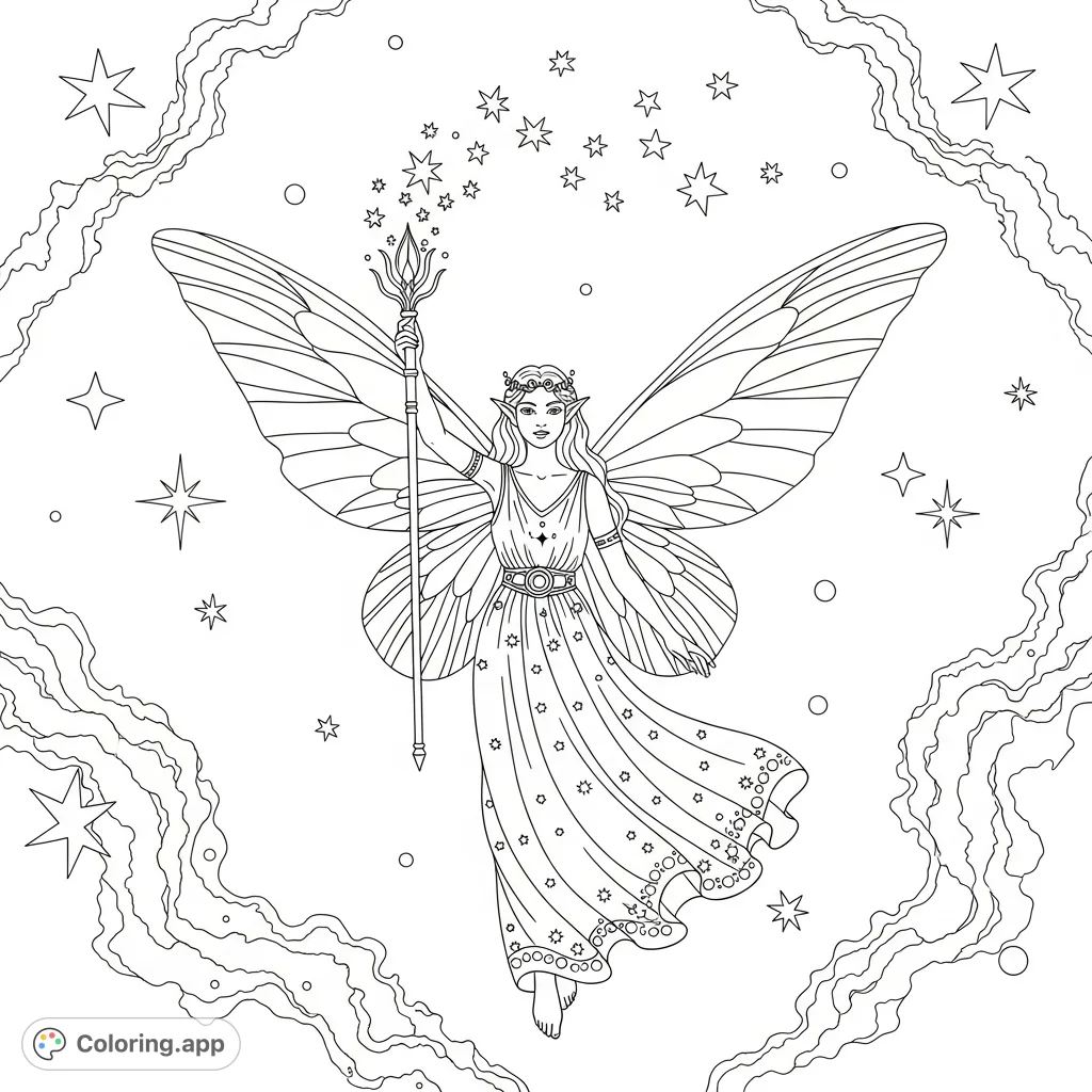 A graceful fairy with intricate wings and a celestial gown hovers in a detailed cosmic expanse, radiating vintage charm and starlight.
