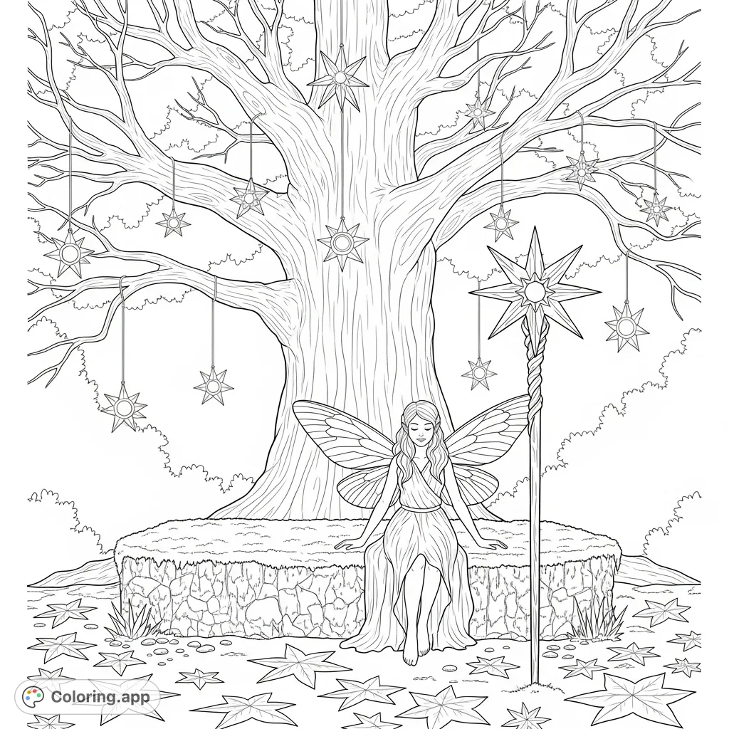 A serene fairy rests on a mossy bench under a grand tree with star lanterns, evoking a vintage fantasy. Perfect for a detailed fairy coloring page.