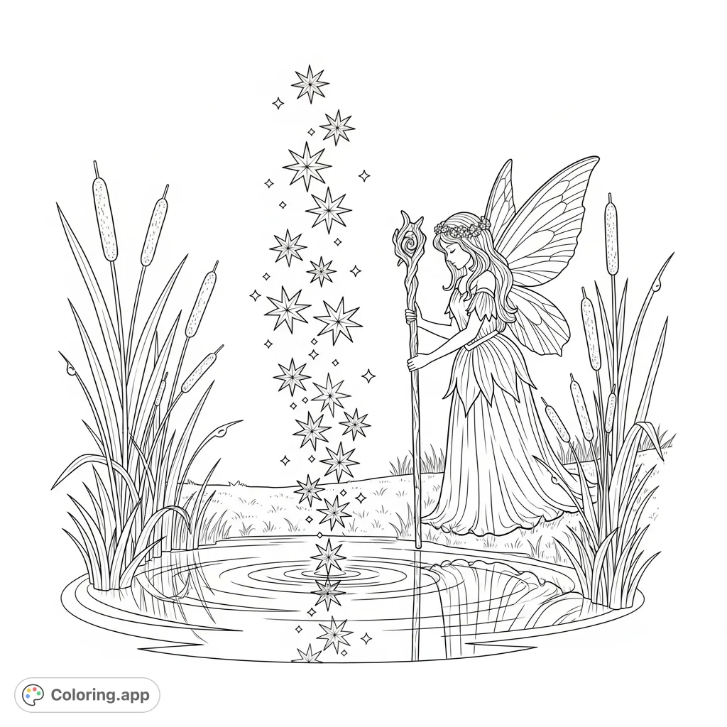 A whimsical fairy conjures stars from a reflective pond, surrounded by dew-kissed reeds. A detailed vintage-style scene for creative coloring.