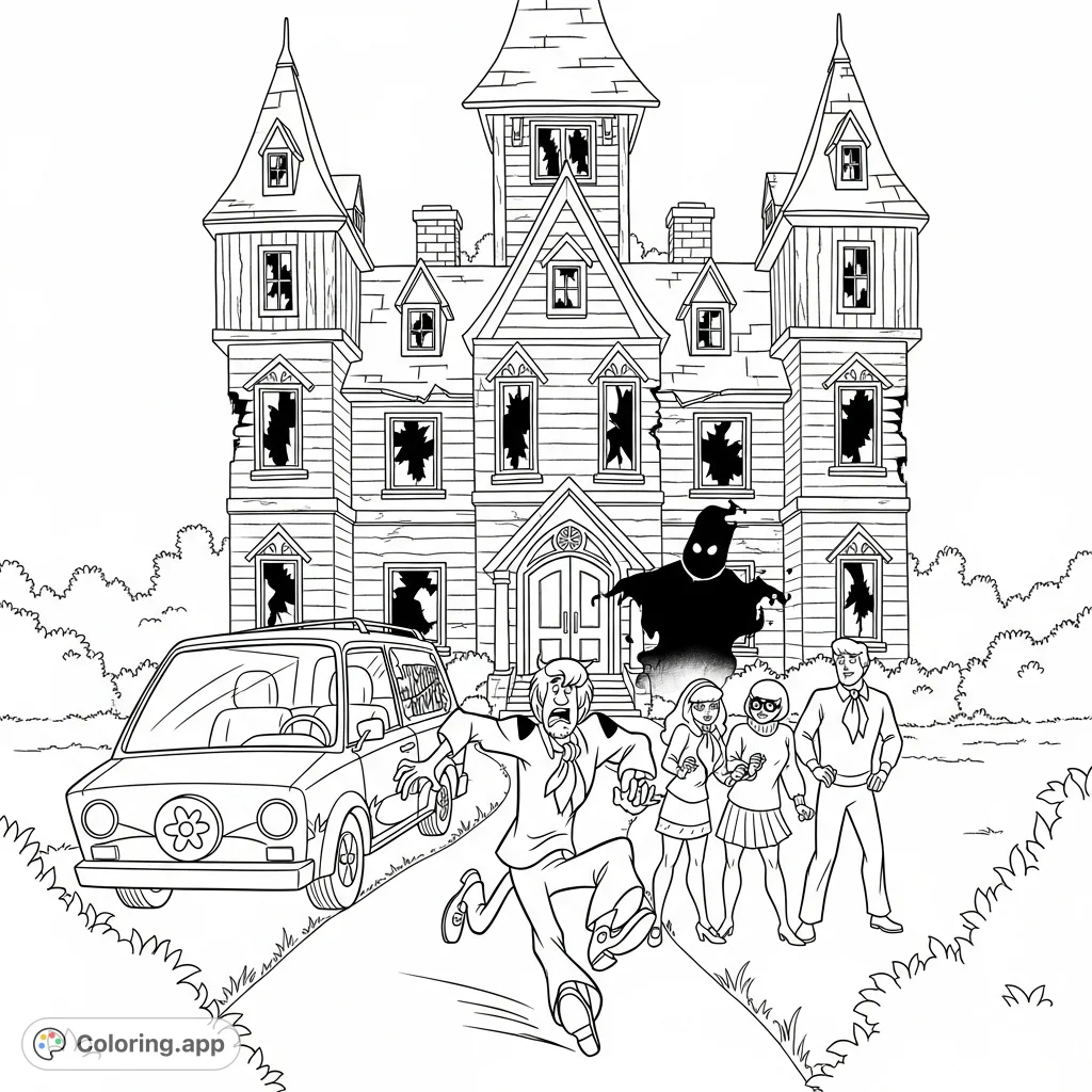 Join Scooby-Doo and the gang in a thrilling chase scene! Color the iconic Mystery Machine, a spooky mansion, and the beloved characters escaping a mysterious figure.