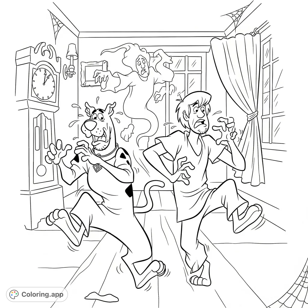 Join Scooby-Doo and Shaggy in a hilarious, high-energy chase! This free printable Scooby-Doo coloring page captures their iconic, exaggerated fear.
