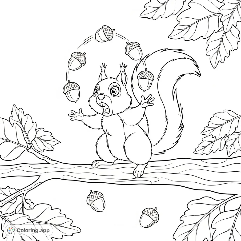 A hilarious squirrel attempts to juggle acorns, resulting in a comical cascade. Perfect for a lighthearted coloring session.